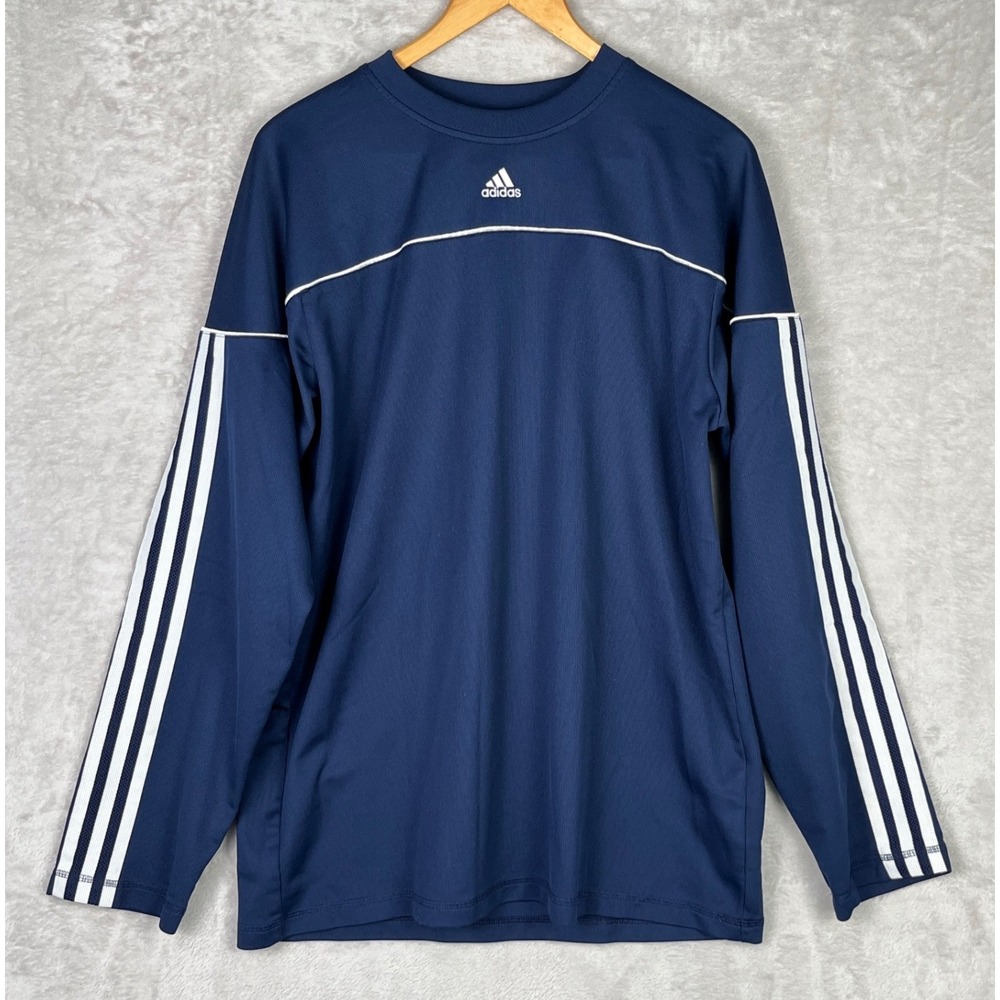 Y2K Adidas Mens Long Sleeve Training Shirt Medium Vintage Navy Blue 3 Stripe VTG